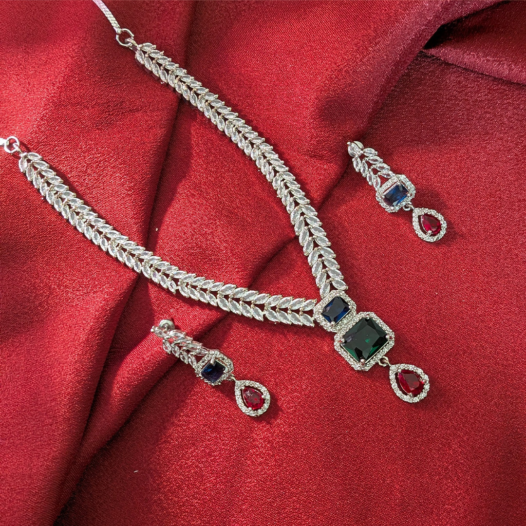 AD Luxe Square & Teardrop Gemstone Necklace With Matching Earrings For Women