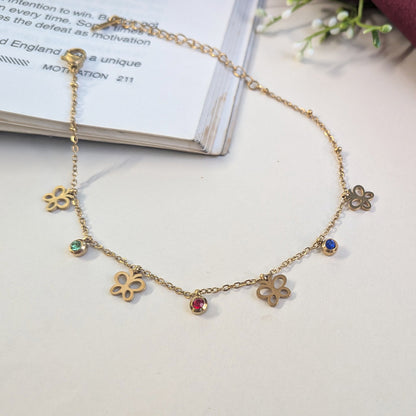 Gold Finish Butterfly Anklet with Gemstones Accents For Girls & Women