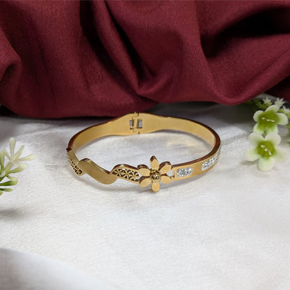 Gold Finish Floral Bracelet with AD Stone Accents For Girls & Women