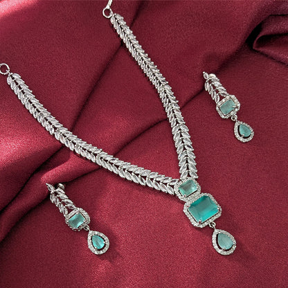 AD Luxe Square & Teardrop Gemstone Necklace With Matching Earrings For Women