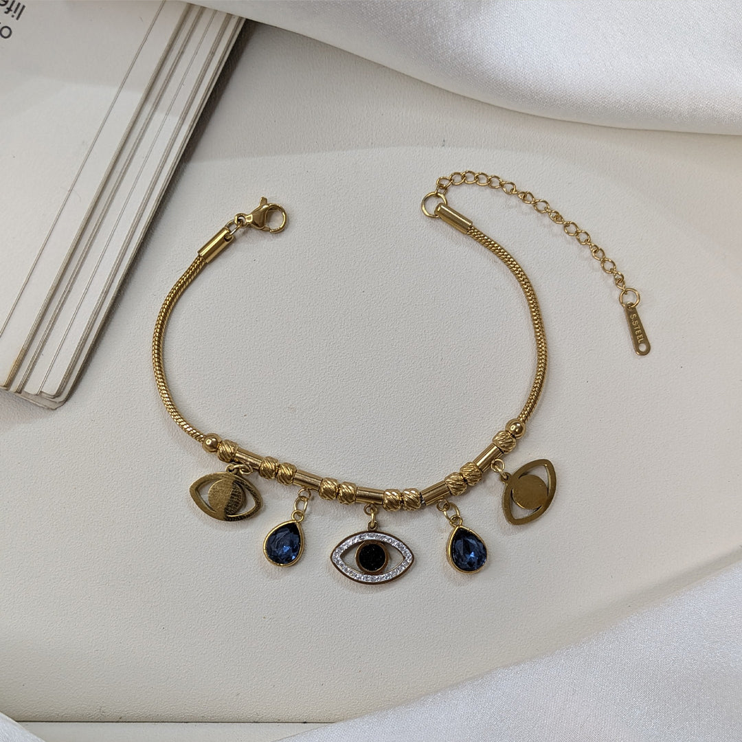 Gold Finish Navy Blue Evil Eye Charm Bracelet For Girls & Women (Anti-Tarnish)