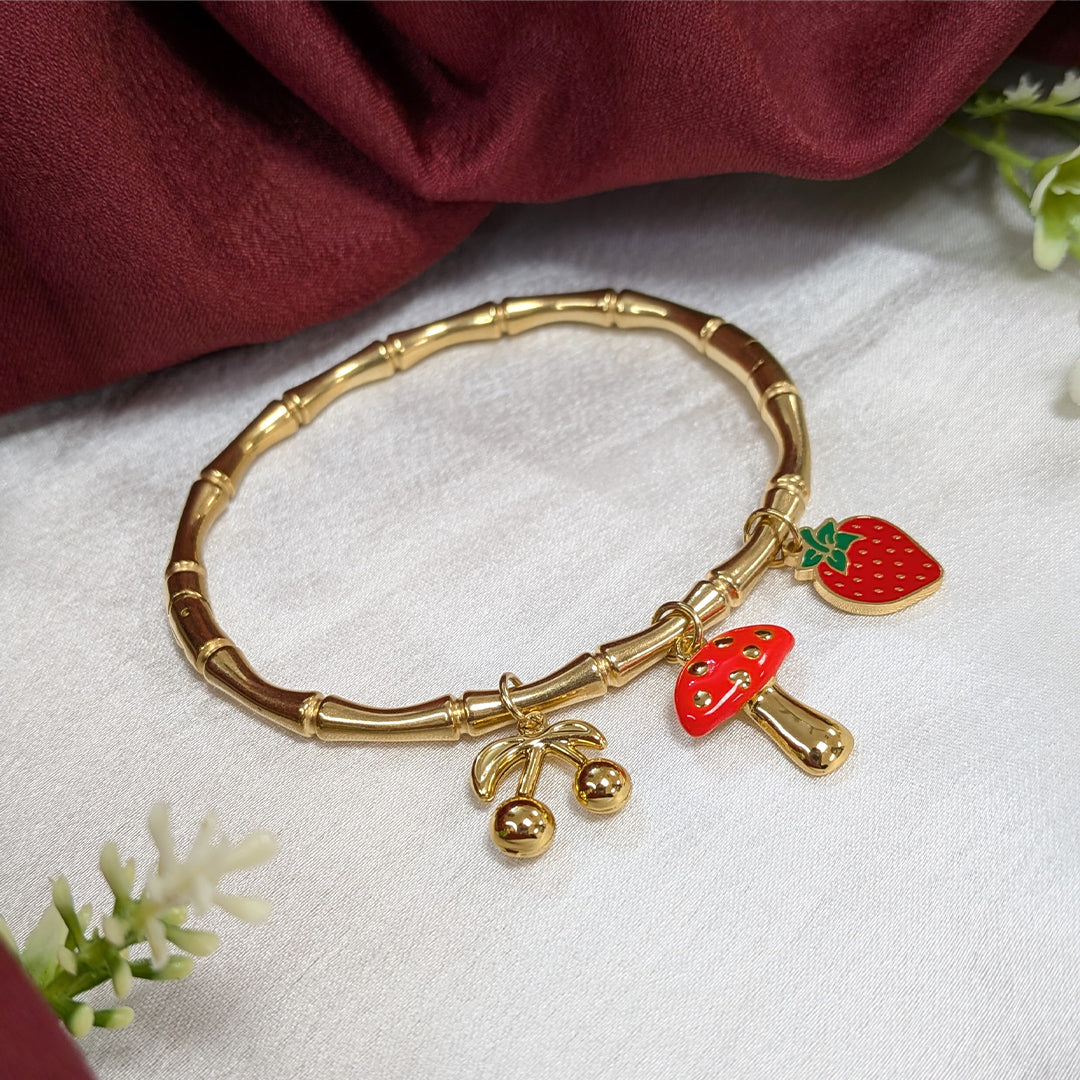 Gold Finish Fruit & Mushroom Charm Bracelet For Girls & Women