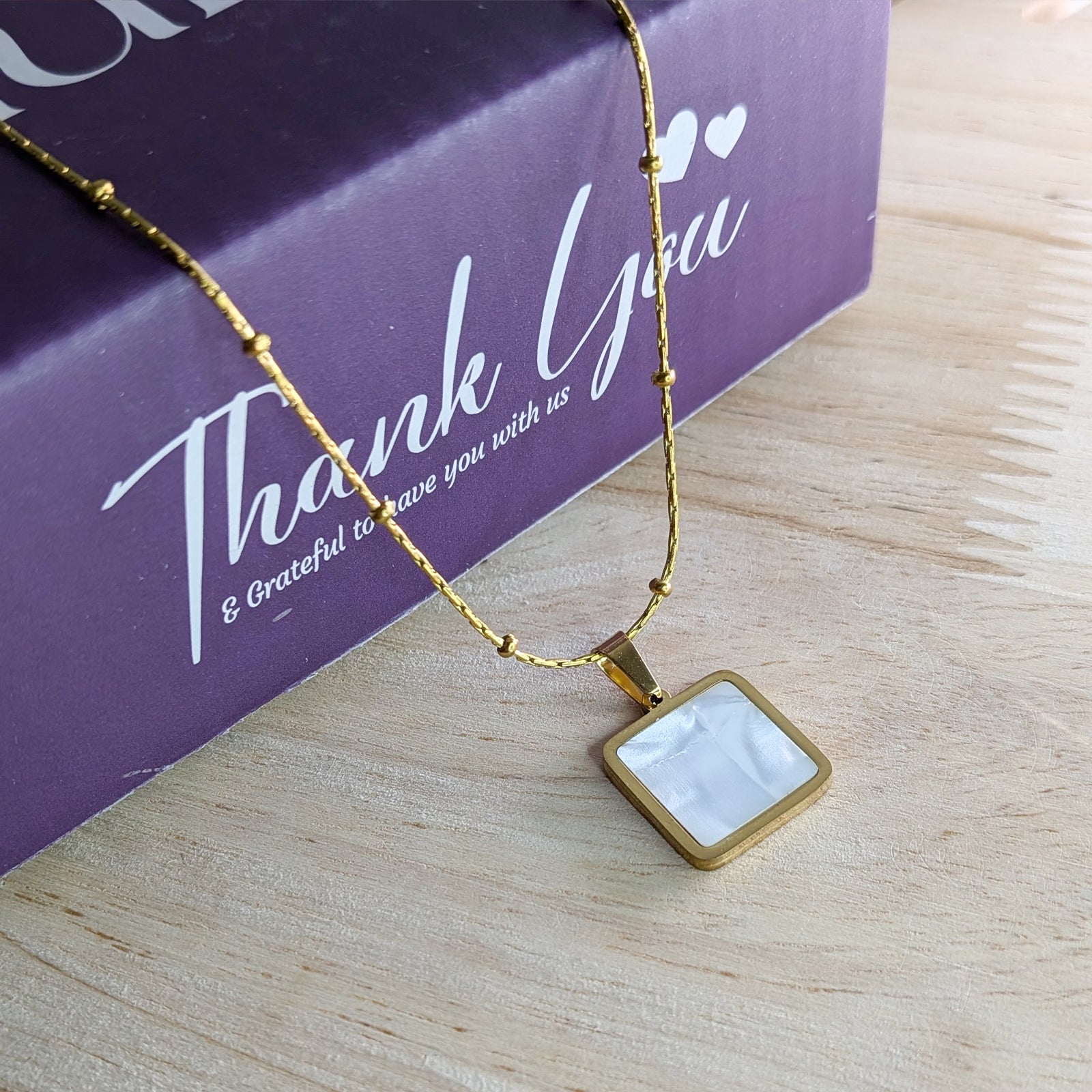 18k Gold Plated Square Charm Pendant with Beaded Chain for Women & Girls