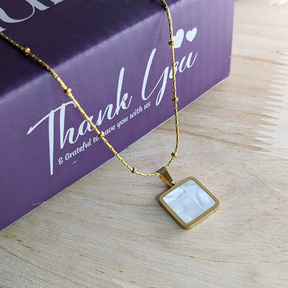 18k Gold Plated Square Charm Pendant with Beaded Chain for Women & Girls