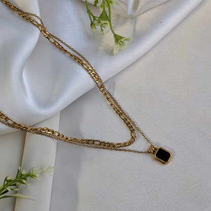 Minimalist Dual-Chain Necklace with Black Stone Pendant For Girls & Women