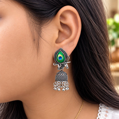 Peacock Feather Krishna Jhumka Earrings for Women & Girls