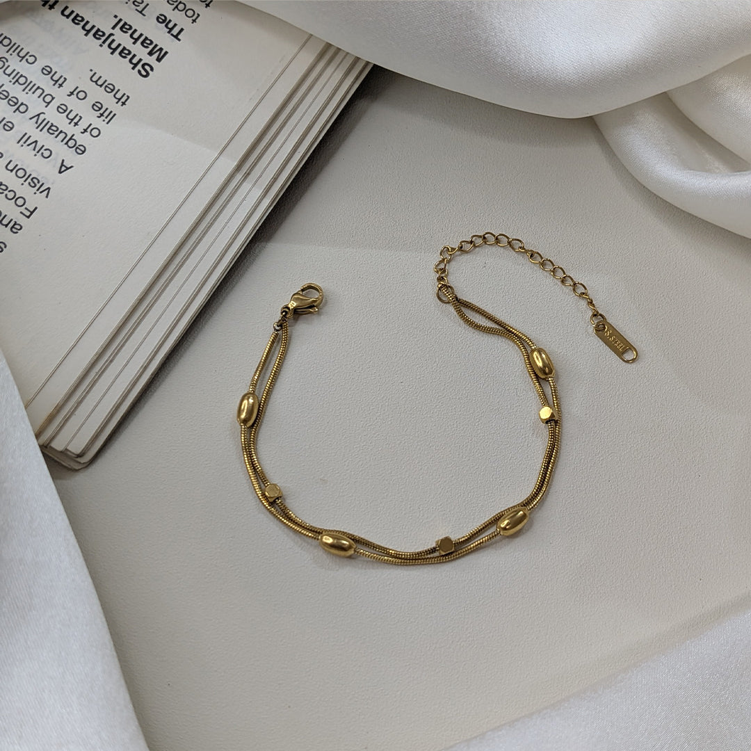 Gold Finish Designer Oval & Rectangle Beads Dual Chain Bracelet For Girls & Women (Anti-Tarnish)