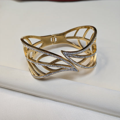 Gold Finish Openwork Sparkling AD Stone Cuff Bracelet For Girls & Women