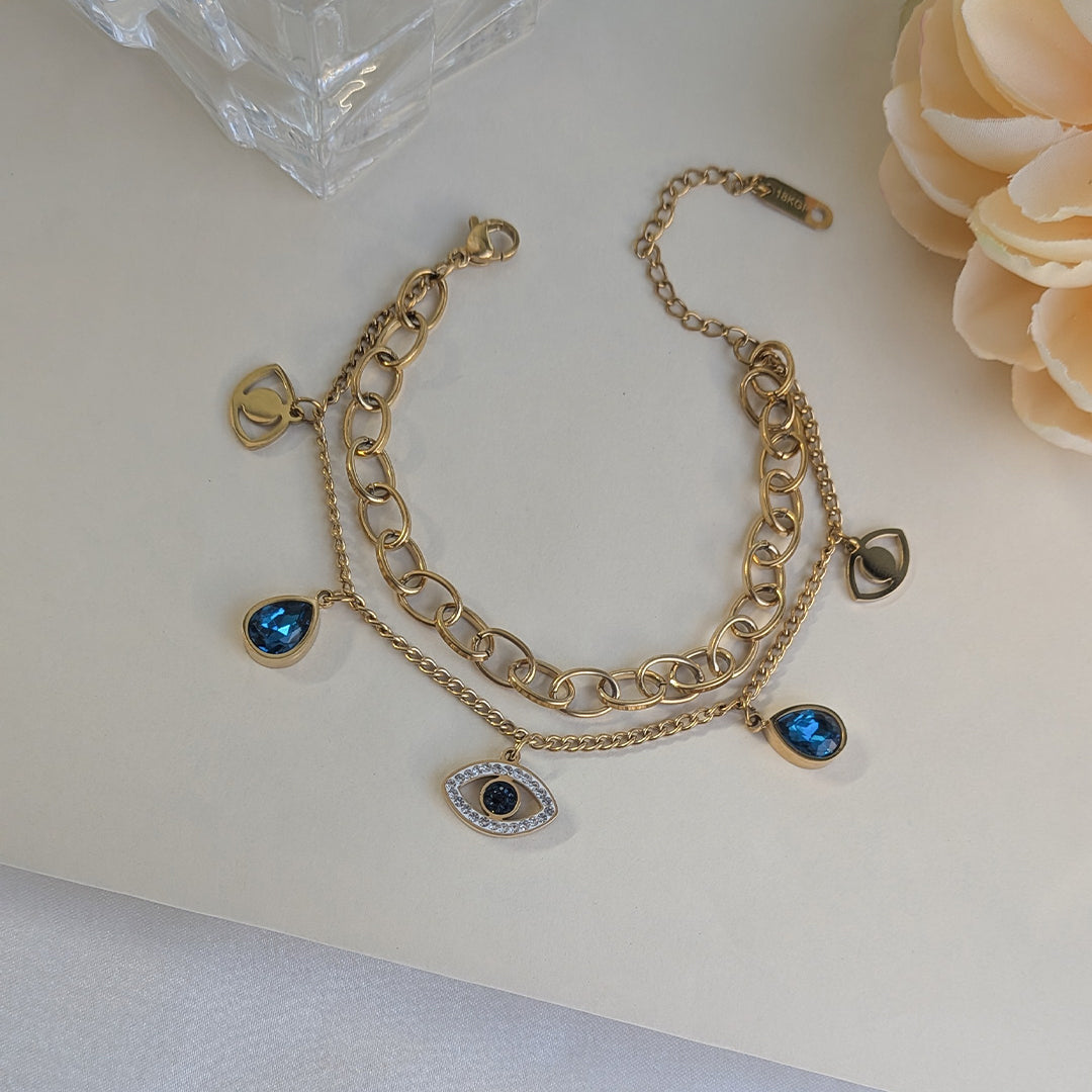 Gold Tone Dual Layer Link & Chain Bracelet with Blue Teardrop and Evil Eye Charms For Girls & Women