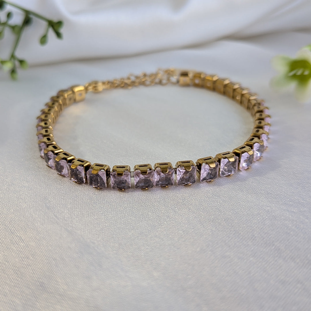 Gold Finish Light Pink Stone Tennis Bracelet For Girls & Women