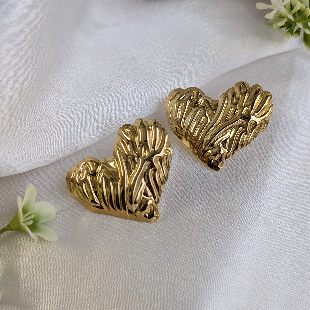 Golden Abstract Heart Sculpted Stud Earrings For Girls & Women (Anti-Tarnish)