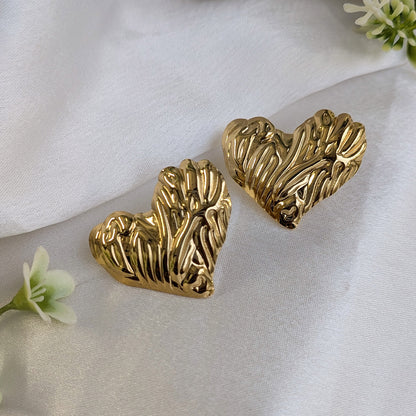 Golden Abstract Heart Sculpted Stud Earrings For Girls & Women (Anti-Tarnish)