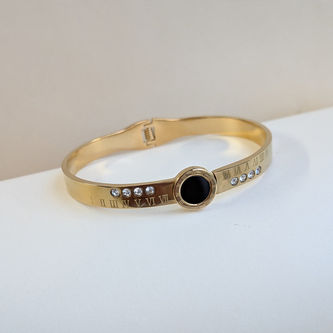 Gold Finish Roman Numeral Bracelet With Black Enamel Center and AD Stone Accents For Girls & Women