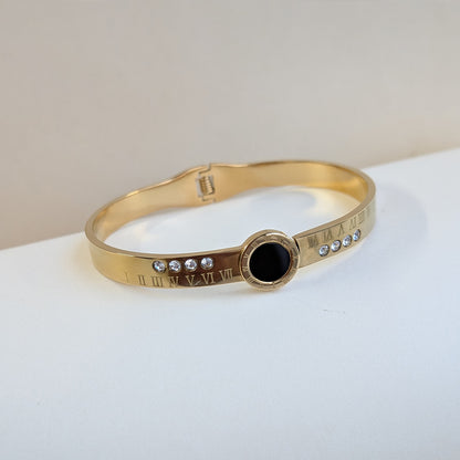 Gold Finish Roman Numeral Bracelet With Black Enamel Center and AD Stone Accents For Girls & Women