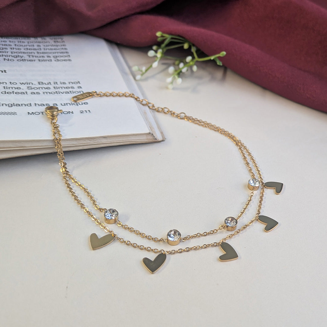Gold Tone Stainless Steel Heart & Crystal Accents Anklet For Girls & Women
