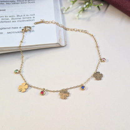 Gold Finish Lucky Clover Anklet With Stone Accents For Girls & Women