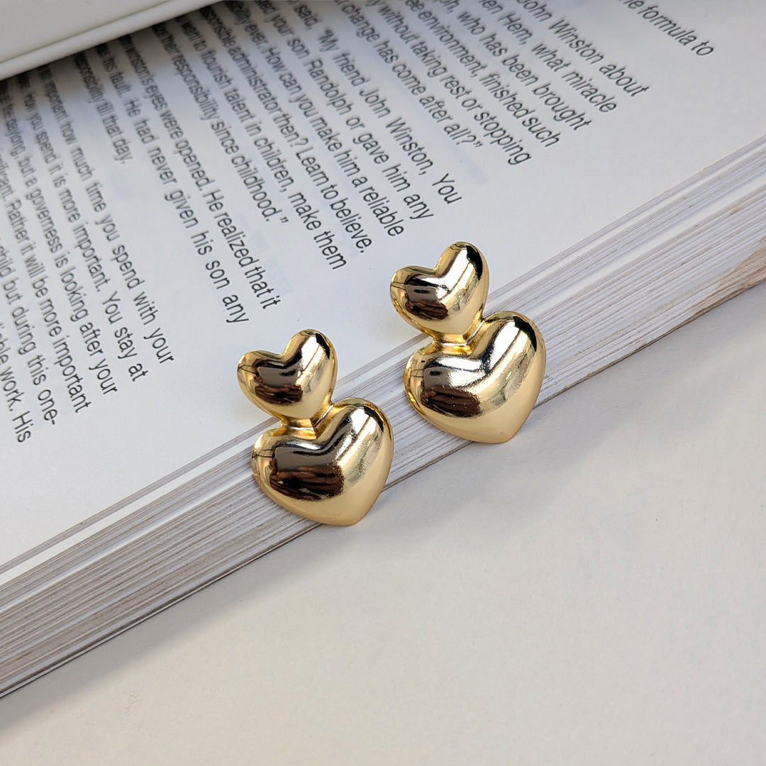 Double Heart Gold Tone Stud Earrings For Girls & Women (Anti Tarnish)