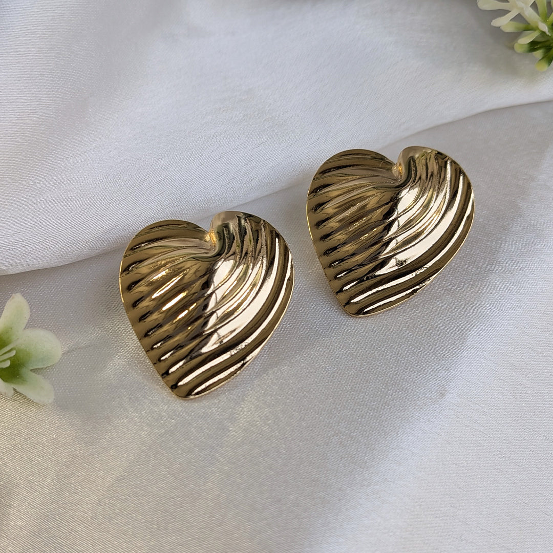 Golden Gilded Grace Textured Heart Stud Earrings For Girls & Women (Anti-Tarnish)