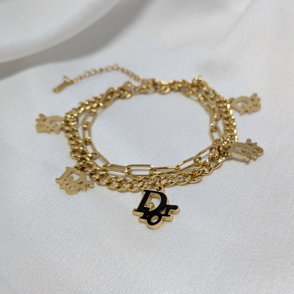 18K Gold Finish Double Layer Chain Bracelet with with Charms for Girls & Women