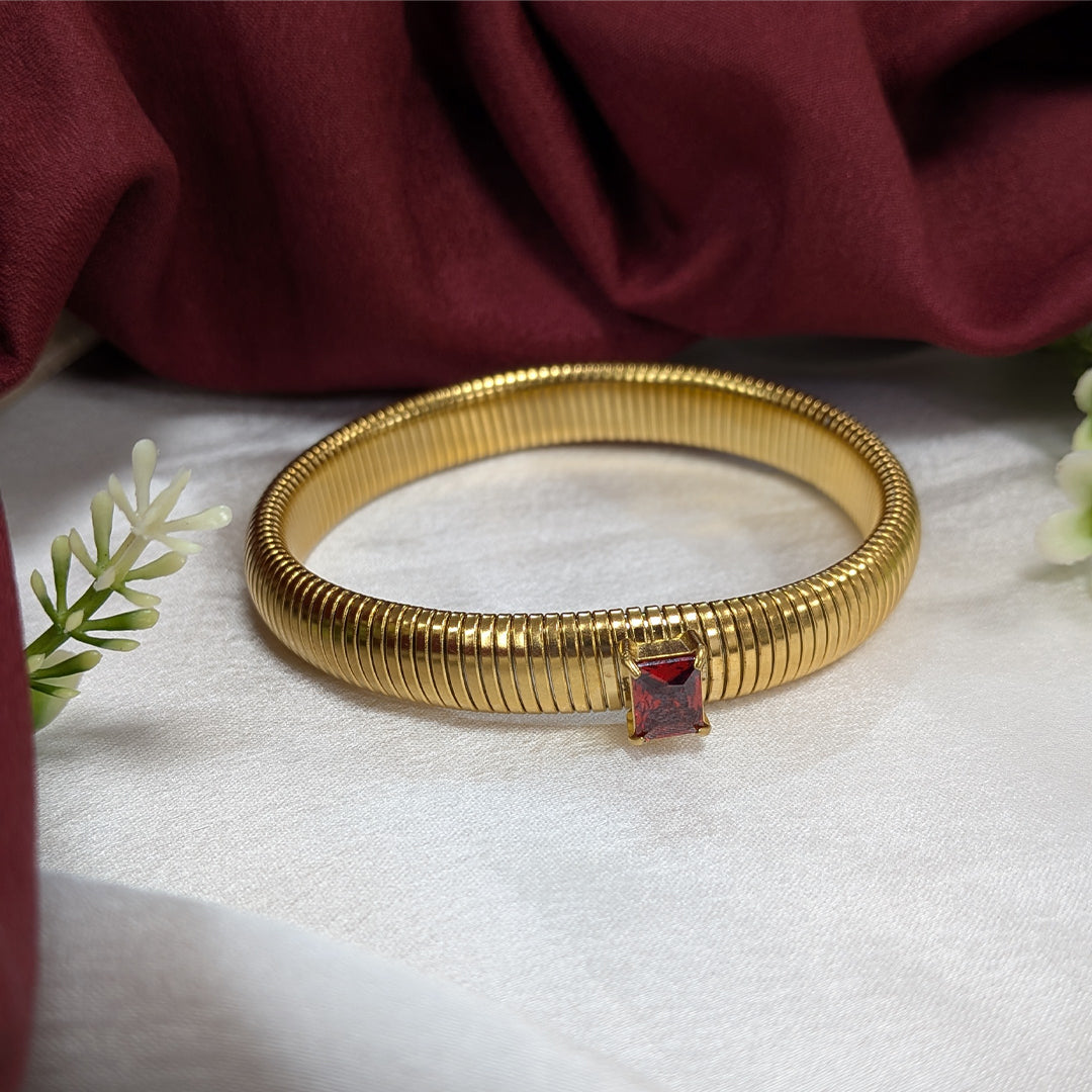 Gold Finish Kada Style Coil Bracelet With Cubic AD Stone For Girls & Women