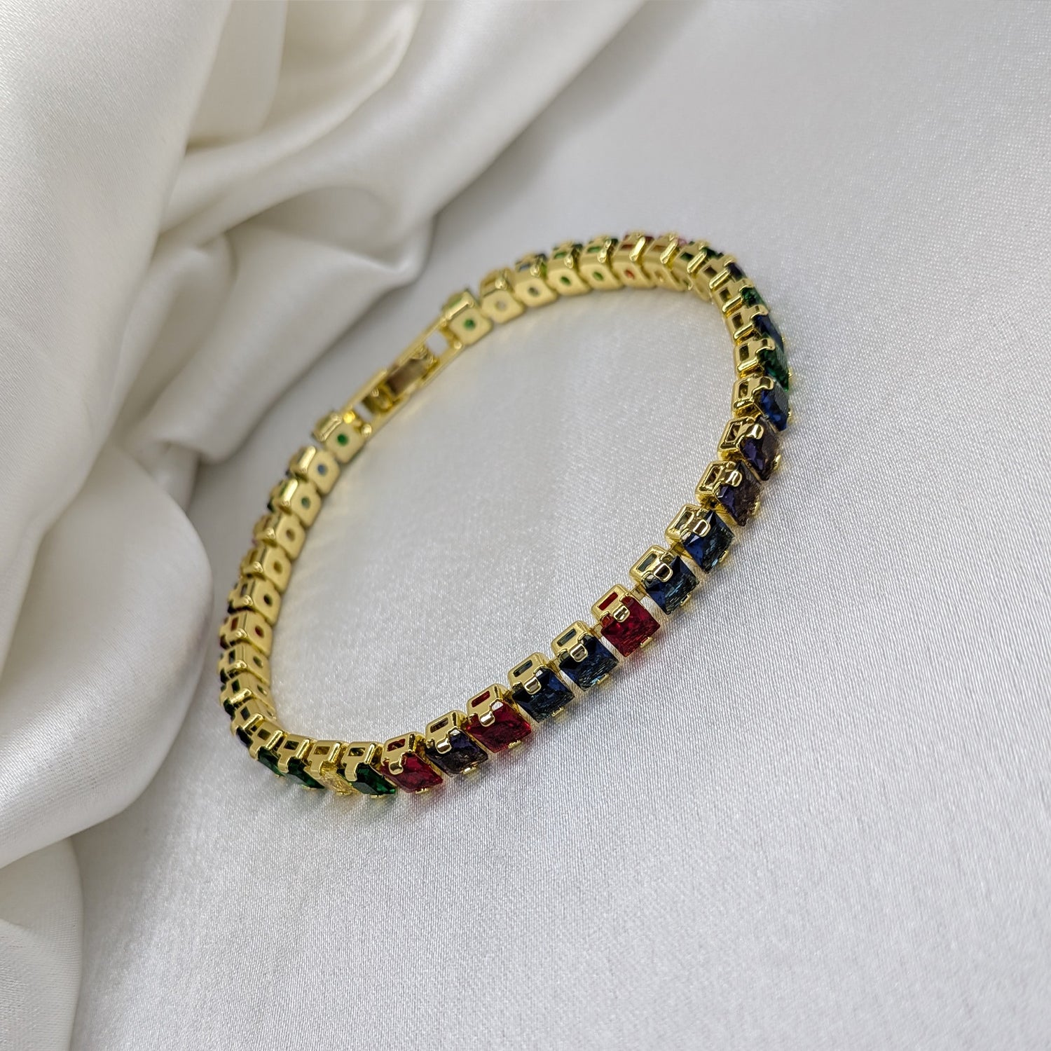 Rainbow Gemstone Square Crystal Tennis Bracelet for Women & Girls