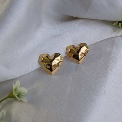 Gold Tone Hammered Heart Stud Earrings For Girls & Women (Anti-Tarnish)