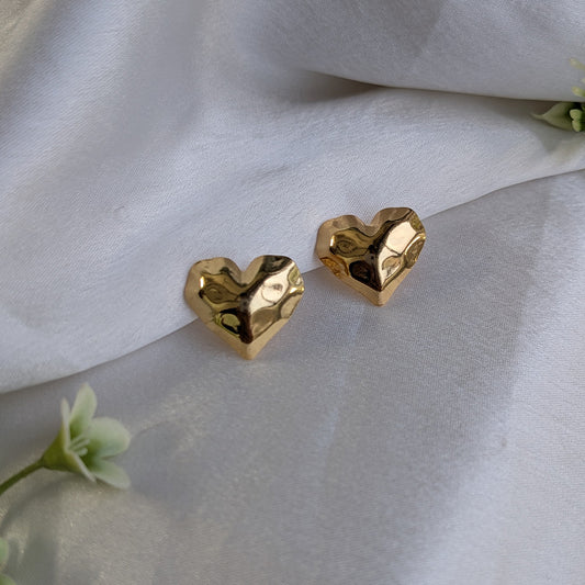 Gold Tone Hammered Heart Stud Earrings For Girls & Women (Anti-Tarnish)