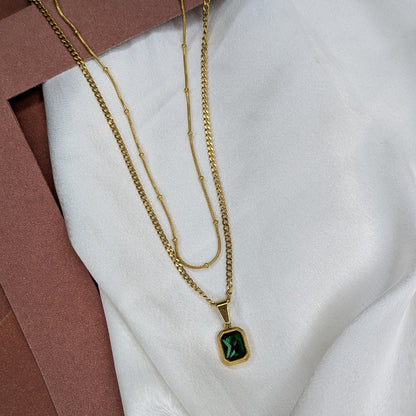 18K Gold Plated Layered Chain With Green Gemstone Emerald Pendant For Girls & Women