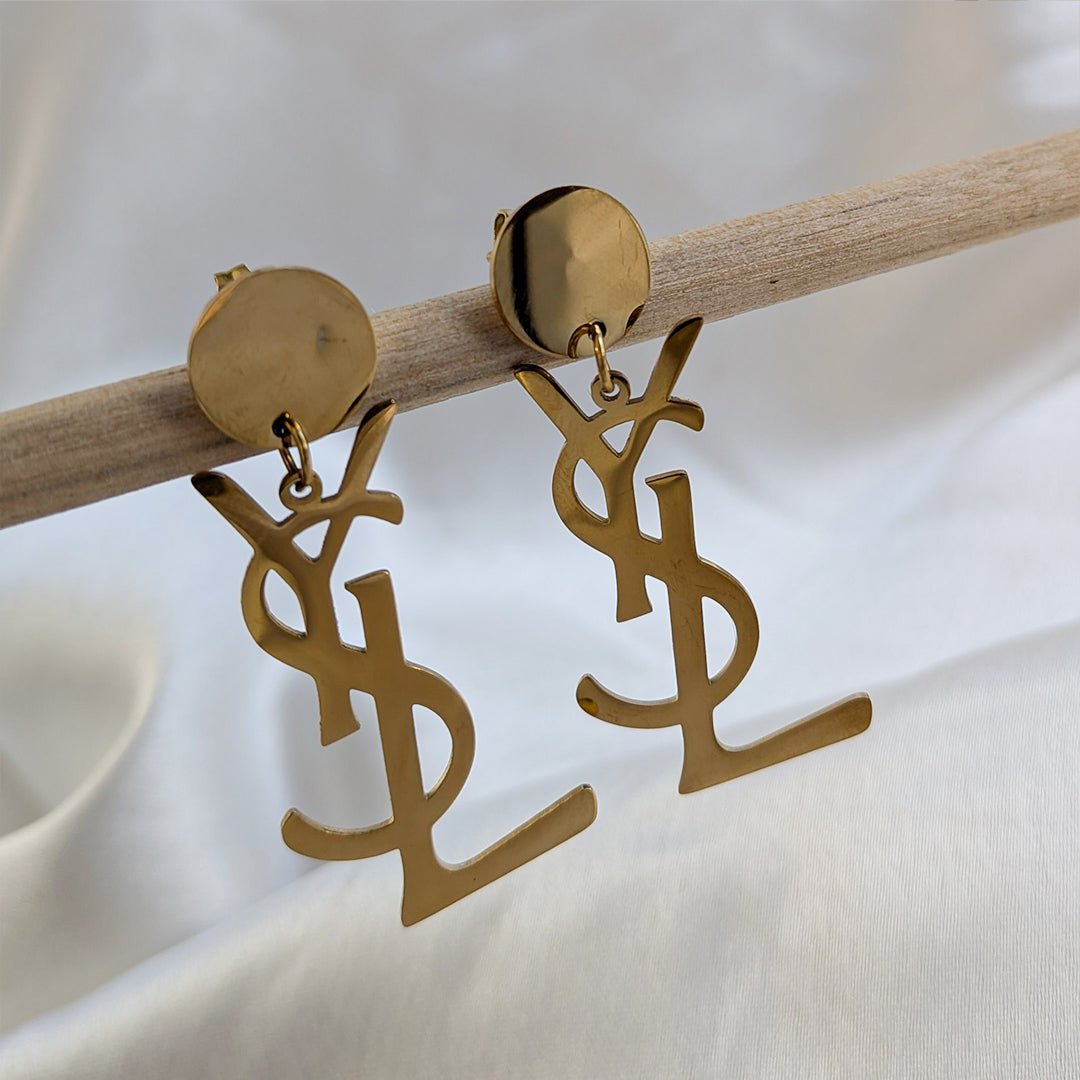 Gold Tone Designer Brand Inspired Drop Earrings for Girls & Women