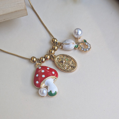 Gold Plated Cute Mushroom, Pearl Leaf & Floral Medallion Charm Pendant For Girls & Women