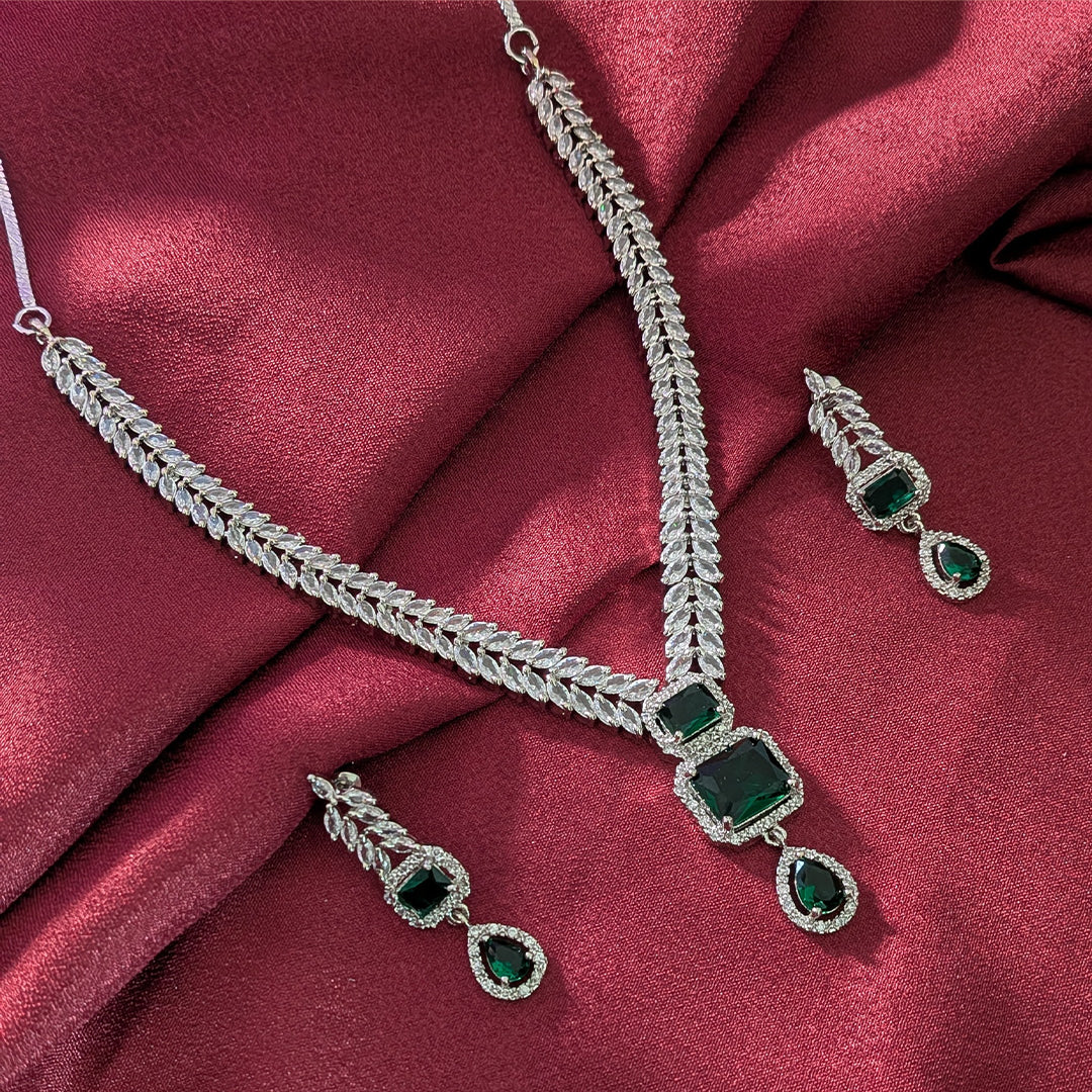 AD Luxe Square & Teardrop Gemstone Necklace With Matching Earrings For Women
