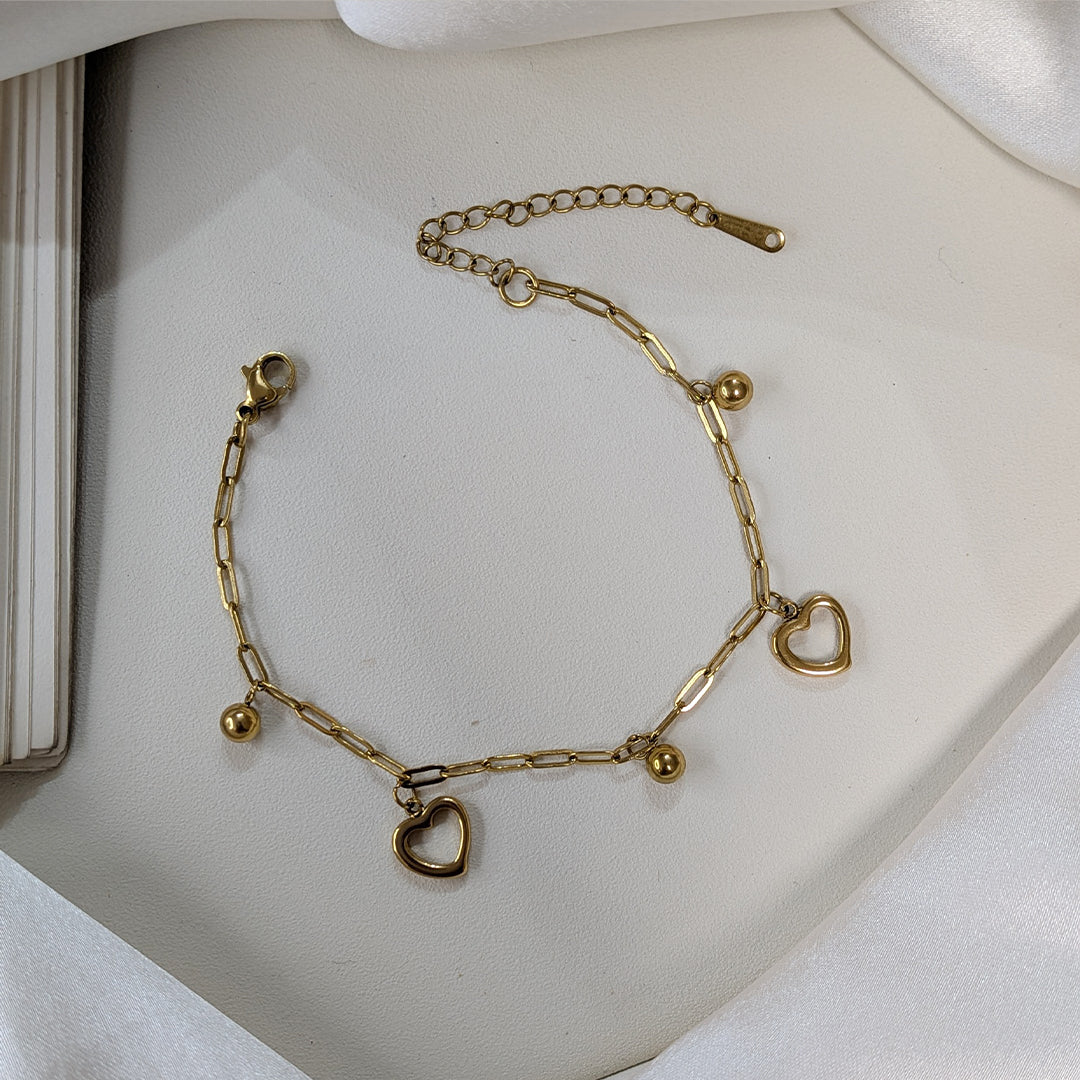 Gold Finish Heart Drops Link Chain Bracelet For Girls & Women
