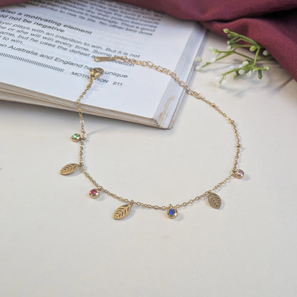 Gold Finish Leaf & Gemstone Accents Anklet For Girls & Women