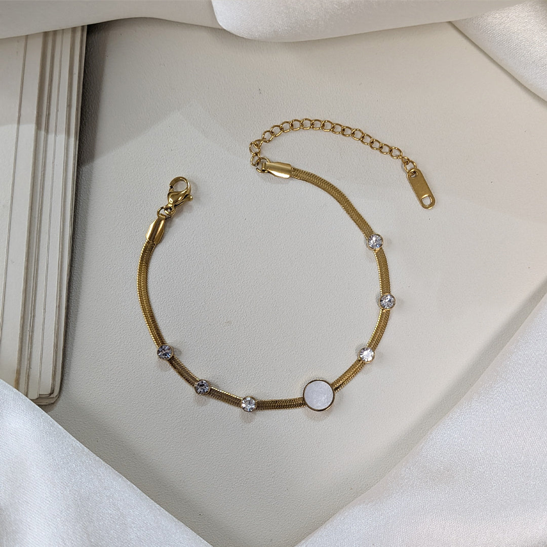 Gold Finish Crystal Studded & Mother of Pearl Enamel Stone Chain Bracelet For Girls & Women (Anti-Tarnish)