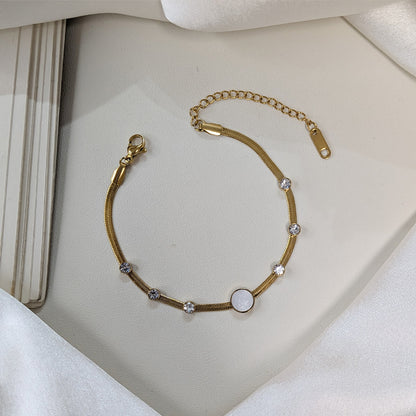 Gold Finish Crystal Studded & Mother of Pearl Enamel Stone Chain Bracelet For Girls & Women (Anti-Tarnish)