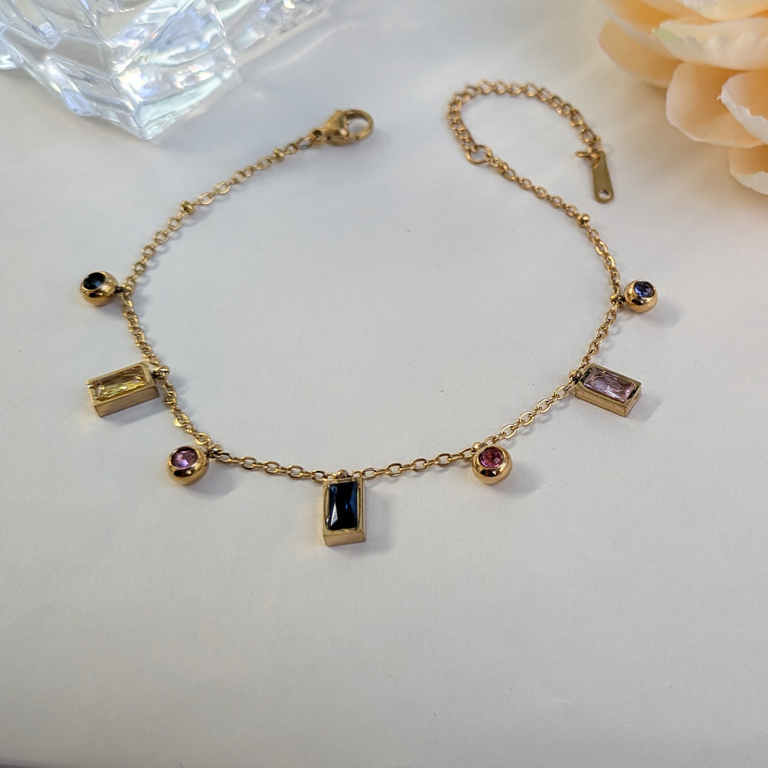Gold Finish Chain Bracelet With Rectangle & Round Colored Gemstone Accents For Girls & Women