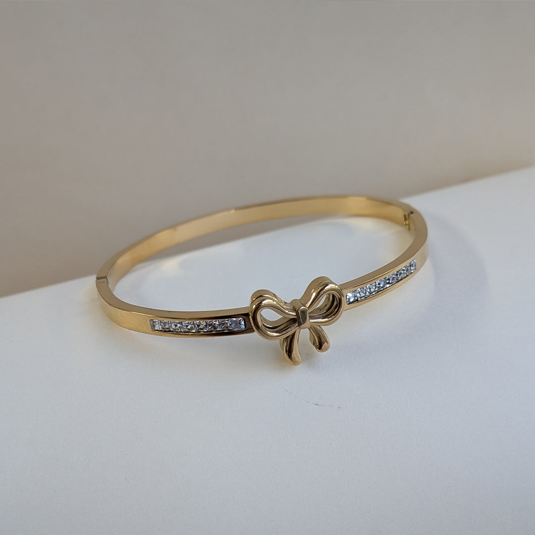 Gold Plated Elegant Bow Charm Gold Cuff Bracelet with AD Stones For Girls & Women