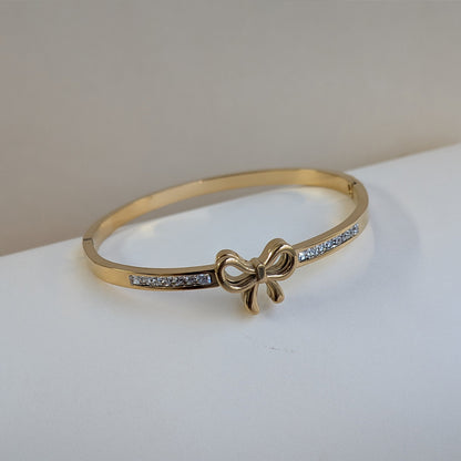 Gold Plated Elegant Bow Charm Gold Cuff Bracelet with AD Stones For Girls & Women