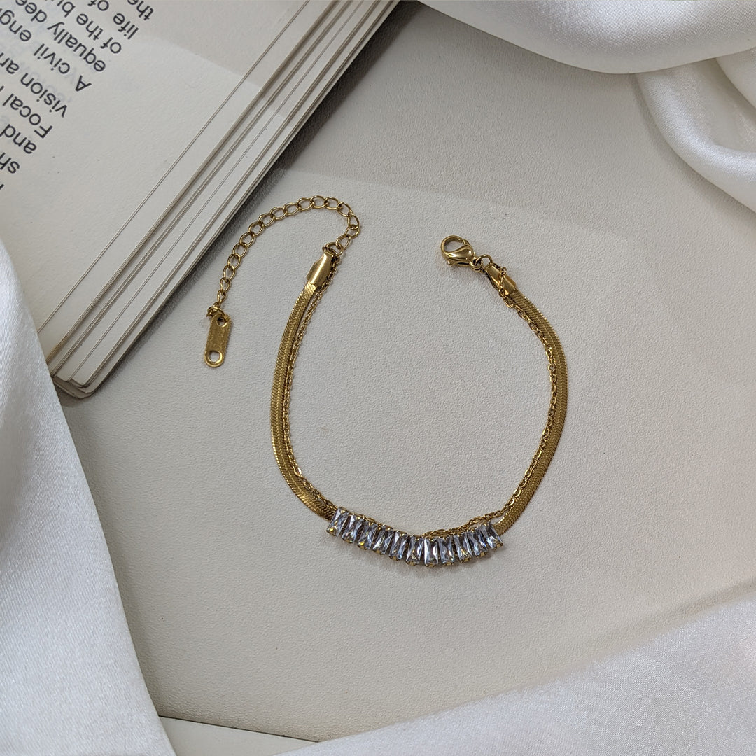 Gold Finish Dual Layered Baguette Crystal Bracelet For Girls & Women (Anti-Tarnish)