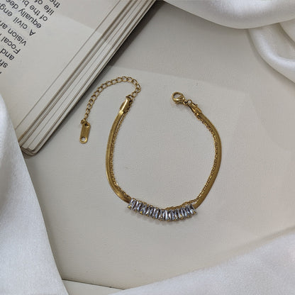 Gold Finish Dual Layered Baguette Crystal Bracelet For Girls & Women (Anti-Tarnish)