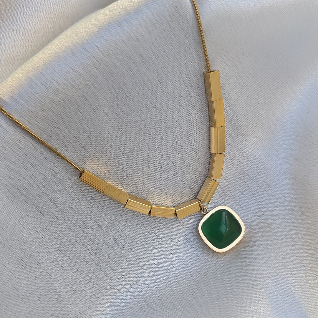 Gold Plated Square Grey Stone Geometric Pendant For Girls & Women