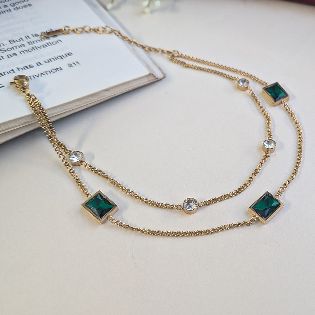 Gold Finish Green Square Stone Accents Charm Anklet For Girls & Women