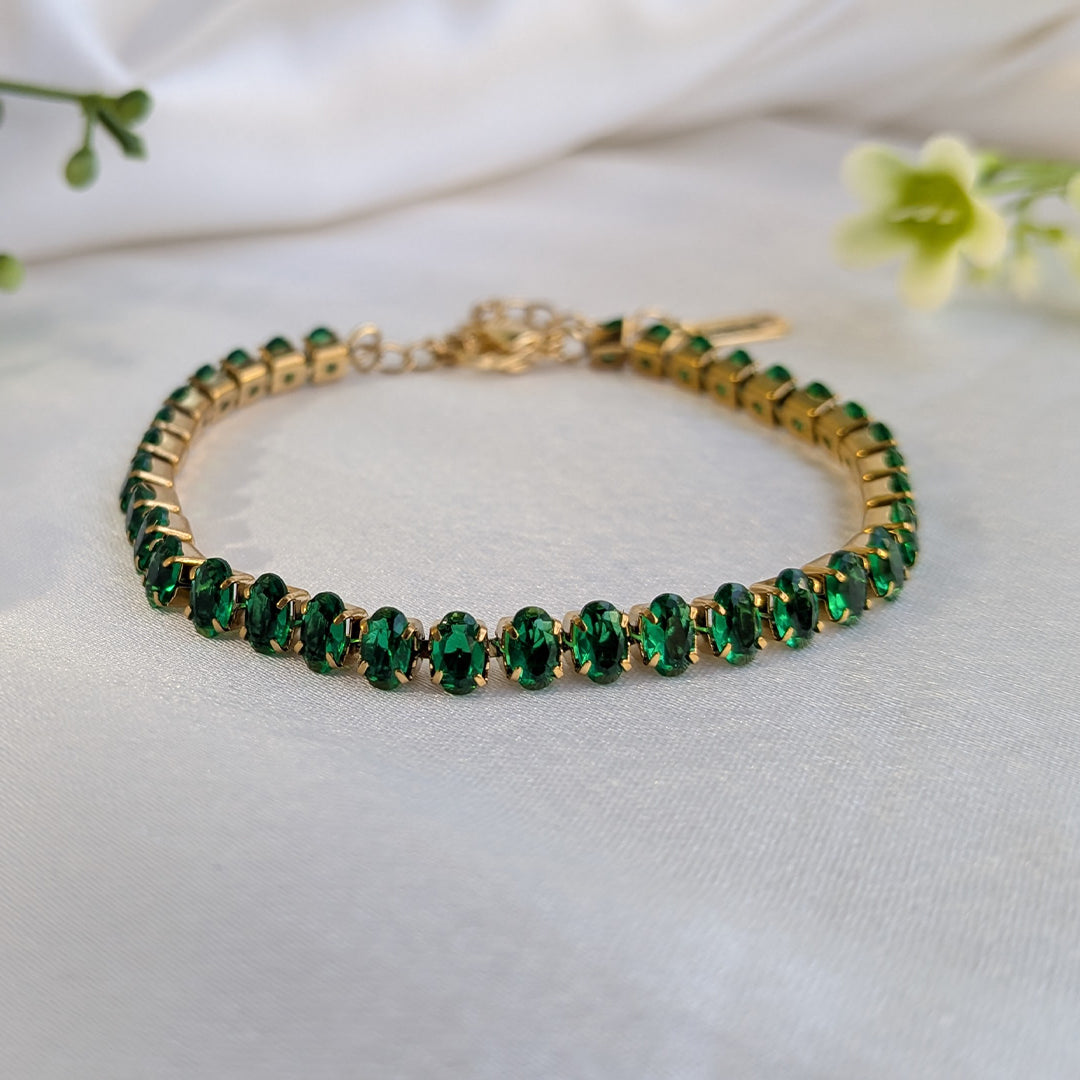Gold Plated Emerald Green AD Stone Tennis Bracelet For Girls & Women