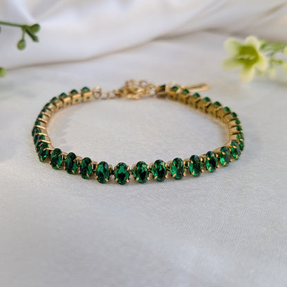 Gold Plated Emerald Green AD Stone Tennis Bracelet For Girls & Women