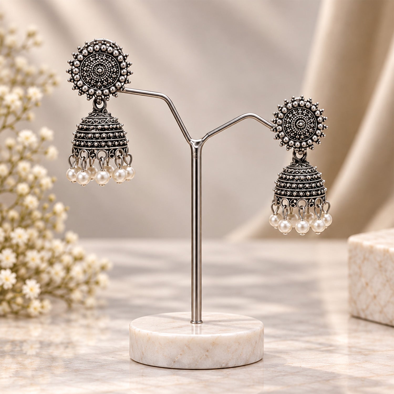 Oxidized Sunburst Pearl Earrings for Girls & Women's