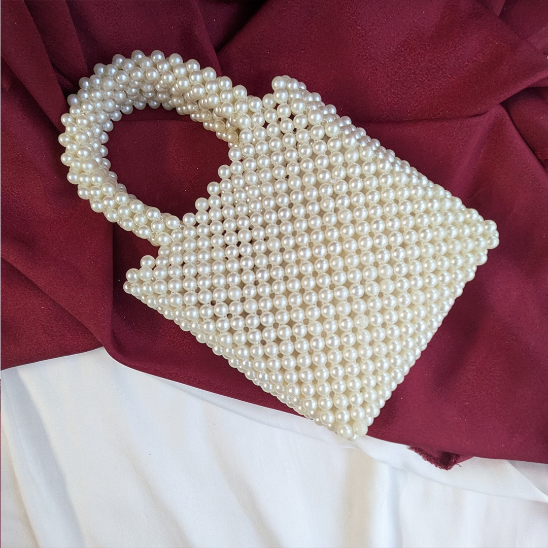 Handmade Pearl Beaded Top Handle Clutch Bag for Women