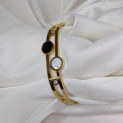 Minimalist Gold Cuff Bracelet with Black & White Enamel Accents For Girls & Women