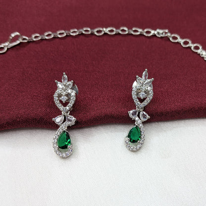 American Diamond Teardrop Green Stone Necklace Set with Matching Earrings