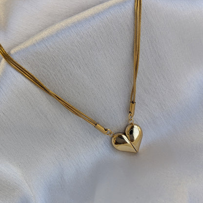 Gold Plated Magnetic Heart Pendant with Triple-Layer Chain for Girls & Women