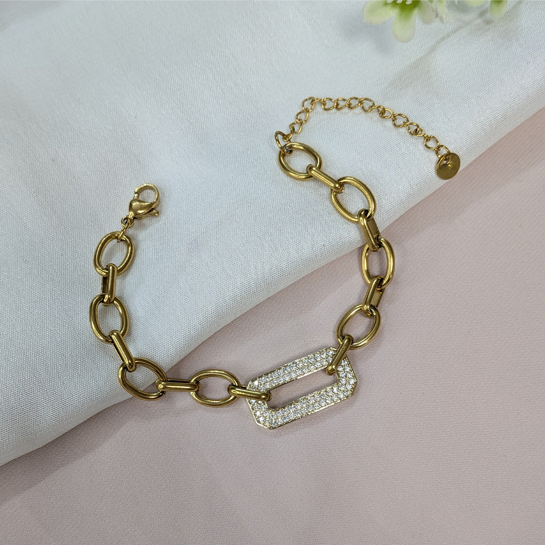 Gold Finish Oval Link Chain Bracelet with Rectangle Crystal Clasp For Girls & Women (Anti-Tarnish)